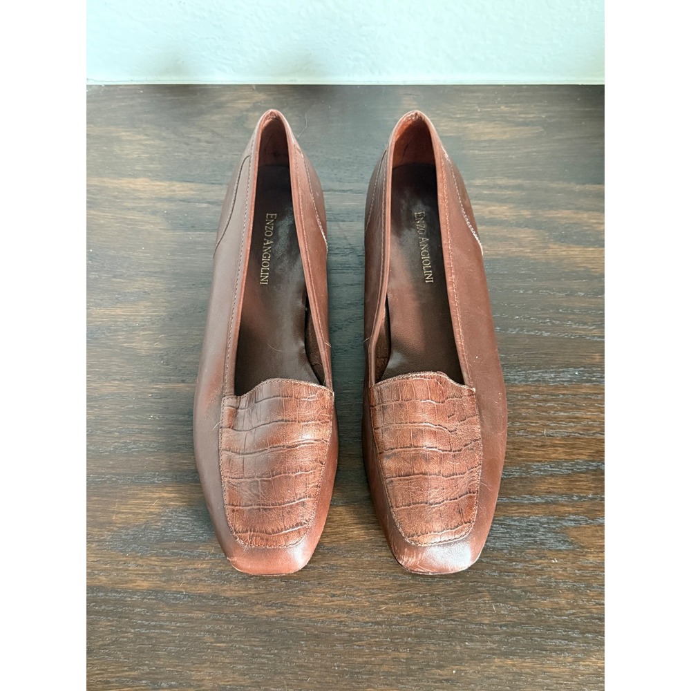 Enzo Angiolini Brown Leather Croc Embossed Square Toe Loafers Shoes 8.5M